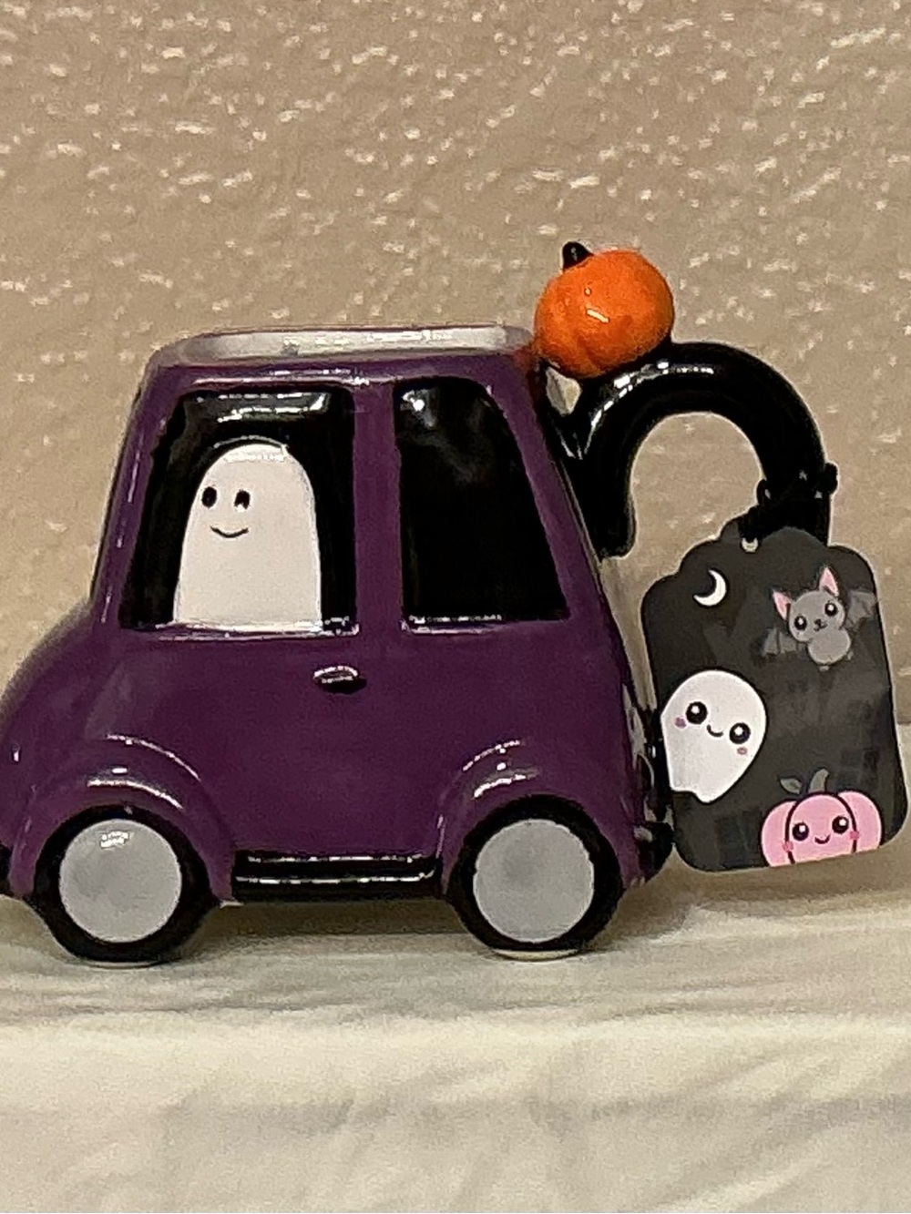 Halloween Hand Painted Purple Ghost Car Mug with Pumpkin Accent